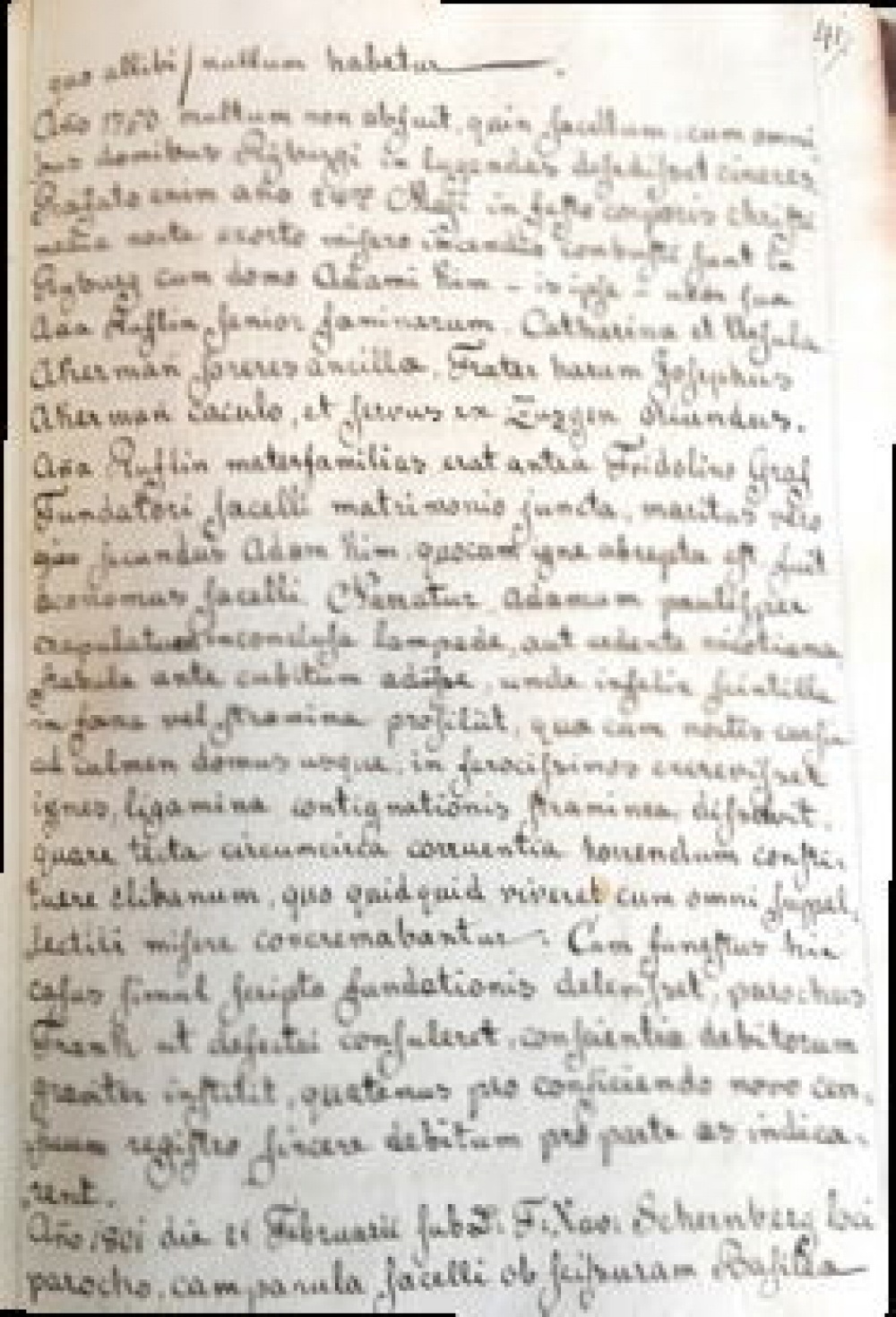 Auszug aus dem Liber parochialis, in dem auch festgehalten ist, dass man
im Dorf darber spekulierte, ob der Brand im Haus des Stifters durch eine nicht gelschte Lampe oder eine heruntergefallene Tabakpfeife ausgelst wurde.